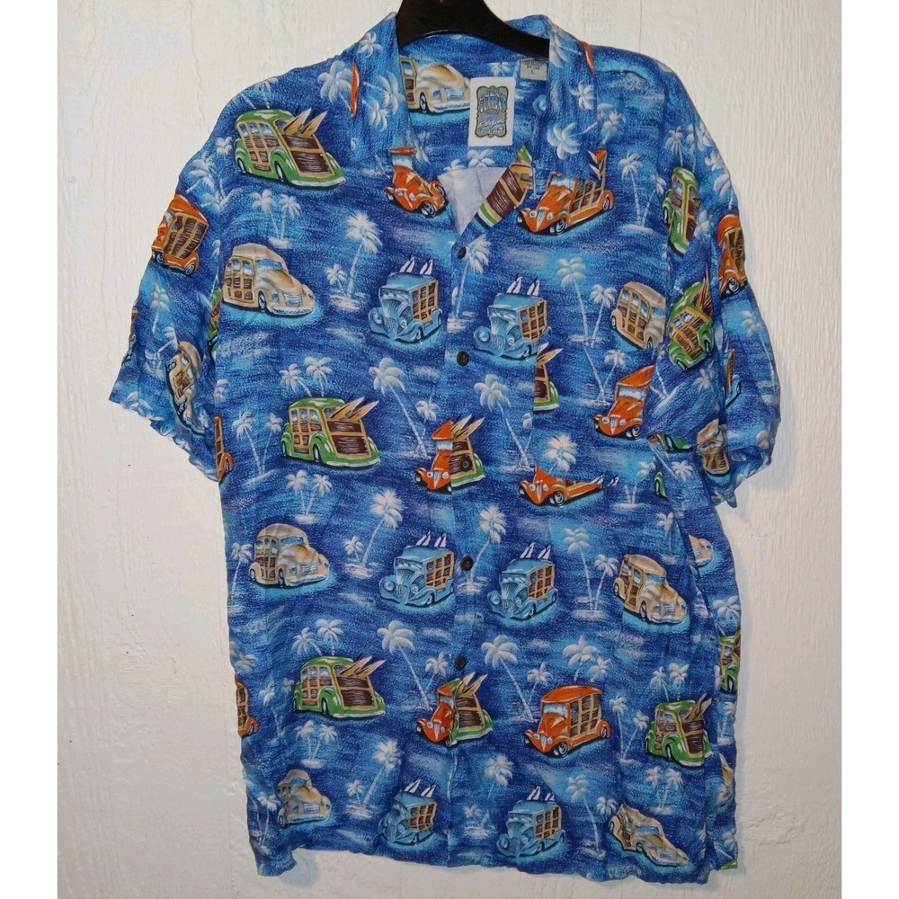 Ocean Current Button Up Shirt Mens Large Blue Woodie Wagon Surfboard Hawaiian